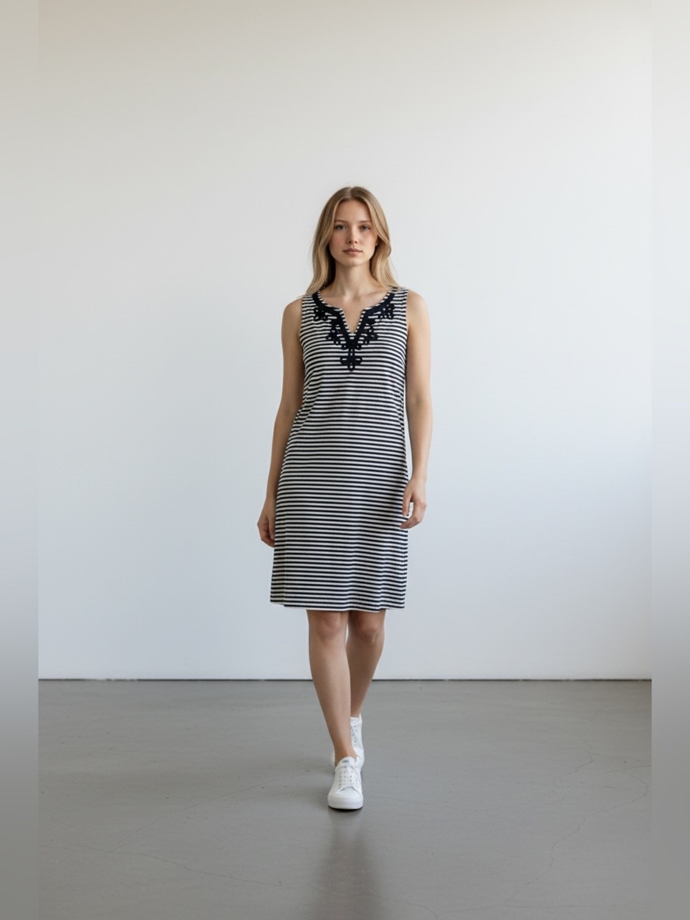 Charter Club Petite Navy White Striped Sleeveless Knit Embroidered Dress